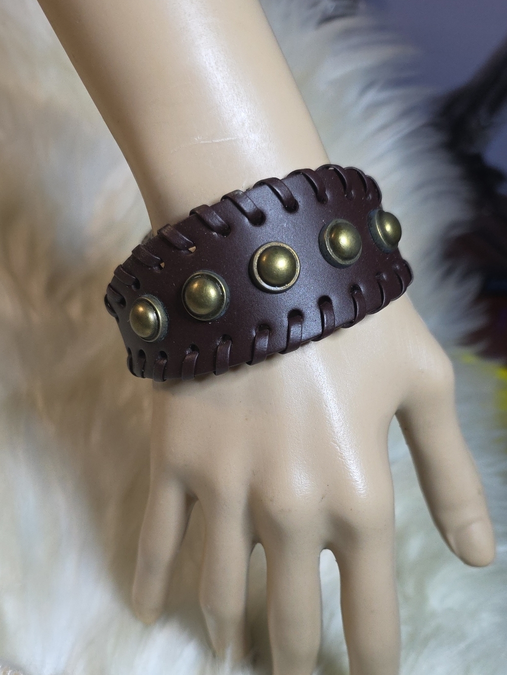 paparazzi Brown Leather Bracelet with Gold Studs